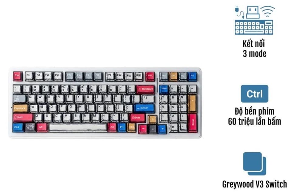 Bàn phím cơ Aula F99 3 Mode Comic Grey Wood V3 switch
