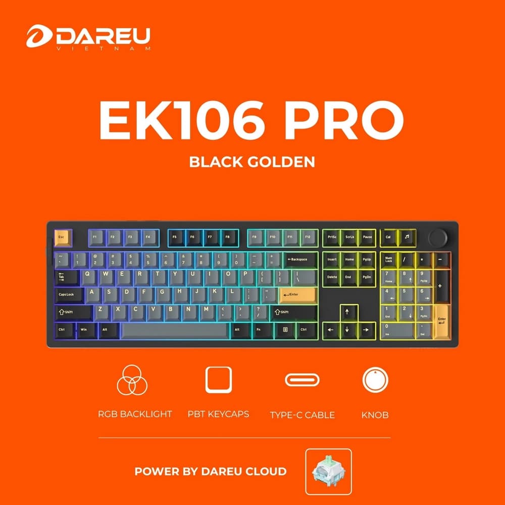Bàn phím cơ không dây Dareu EK106 Pro Triple Mode Black Golden DareU Cloud switch